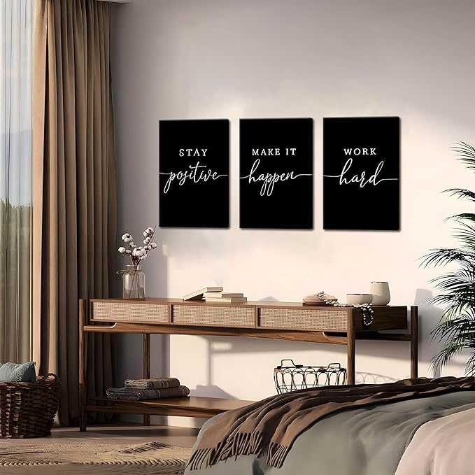 Motivational Office Wall Art Canvas Prints Set of 3 – Stay Positive Work Hard Make It Happen, Modern Positive Quotes Wall Decor for Home Office Living Room Bedroom Decor 16x24 inch Framed