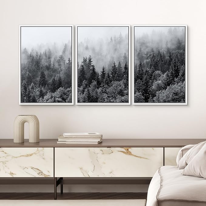 SIGNWIN Framed Canvas Print Wall Art Set Black & White Misty Mountain Forest Nature Wilderness Photography Modern Art Chic Landscape Relax/Calm for Living Room, Bedroom, Office - 16"x24"x3 White
