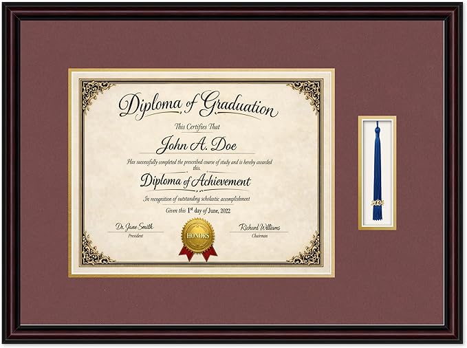 Diploma Frame with Tassel Holder 24.25 x 18 Executive Brown Shadowbox Dark Red Over Gold Mat - Fits 14 x 11 Degree Made in the USA
