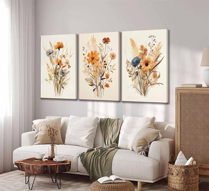 3Pcs Vintage Wildflower Canvas Wall art Country Farmhouse Watercolor Flower Botanical Painting Pictures Wall Decor Floral Poster Print Artwork for Bedroom Living Room Girls Room Decoration