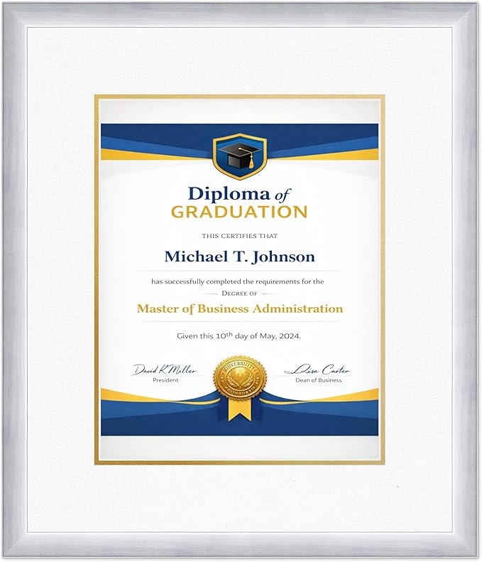 Diploma Frame Stainless Silver With Oyster Shell Over Gold Double Mat - Fits 11 x 14 College Diploma (Portrait) Wall Display Made in the USA
