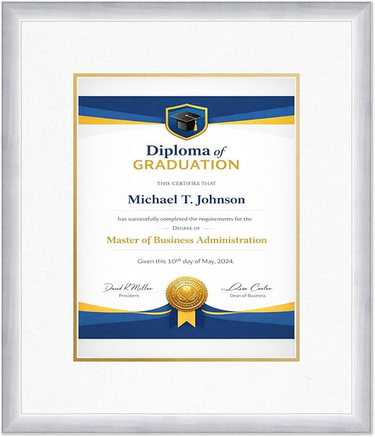 Diploma Frame Stainless Silver With Oyster Shell Over Gold Double Mat - Fits 11 x 14 College Diploma (Portrait) Wall Display Made in the USA