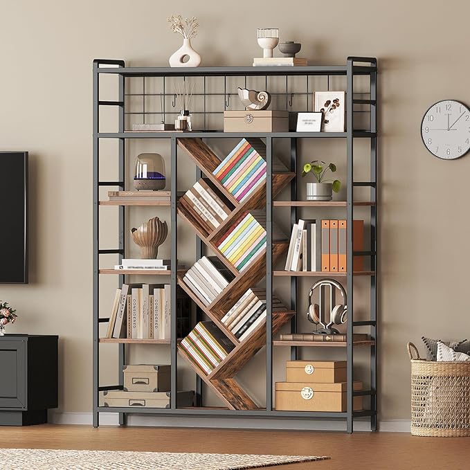Triple 6-Tier Bookshelf, Industrial Large Bookcase with 18 Open Display Shelves, Modern Tree Bookcase with Metal Frame and Hanging Function for Living Room, Home Office, Rustic Brown and Black
