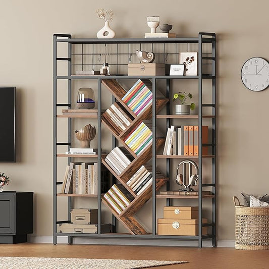 Triple 6-Tier Bookshelf, Industrial Large Bookcase with 18 Open Display Shelves, Modern Tree Bookcase with Metal Frame and Hanging Function for Living Room, Home Office, Rustic Brown and Black