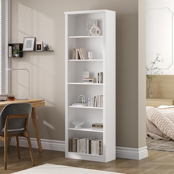 Tall Bookshelf, 6-Tier Bookcase with 2 Adjustable Shelves, Modern Farmhouse Storage for Living Room, Entryway, Office, 23.6" W x 74.8" H x 10.6" D, White