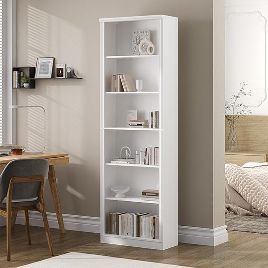 Tall Bookshelf, 6-Tier Bookcase with 2 Adjustable Shelves, Modern Farmhouse Storage for Living Room, Entryway, Office, 23.6" W x 74.8" H x 10.6" D, White