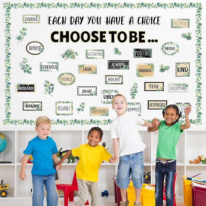 Eucalyptus Motivational Bulletin Board Set Greenery Decoration for Classroom Inspirational Posters Choose to Be Positive Accent Cutouts Eucalyptus Bulletin Boards for Teachers School Wall Supplies