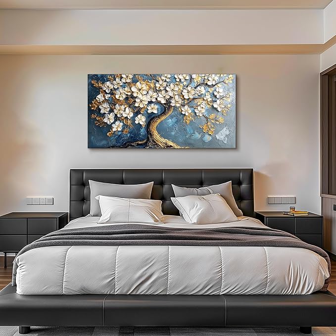 SERIMINO Gold Tree of Life Large Wall Art, Abstract Tree Oil Painting Art Prints, Cherry Blossom Flower Canvas Art Wall Decor, Modern Aesthetic Wall Pictures for Living Room Bedroom Office 24"X48"