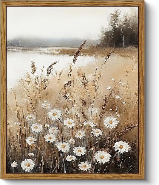 ARPEOTCY Vintage Framed Canvas Wall Art, Retro Countryside Wildflower Field Canvas Prints Decor, Farmhouse Floral Painting Landscape Wall Art for Living Room, Bedroom, Bathroom(8 x 10 Inch)
