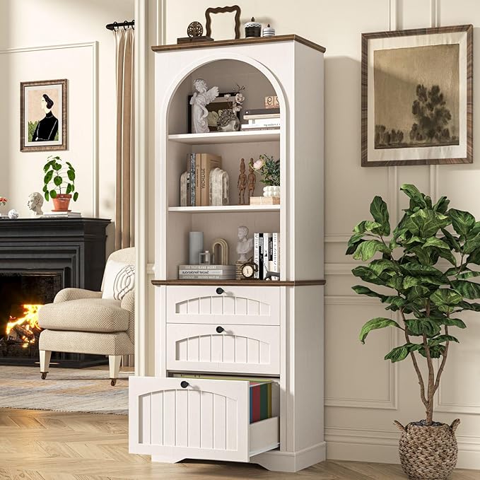 Farmhouse File Cabinet Fits Letter/Legal/A4 Size Hanging File Folders, 3-Tier Floor Standing Bookcase with File Drawer and Open Shelf, Wood Filing Cabinet Printer Stand for Home Office, White