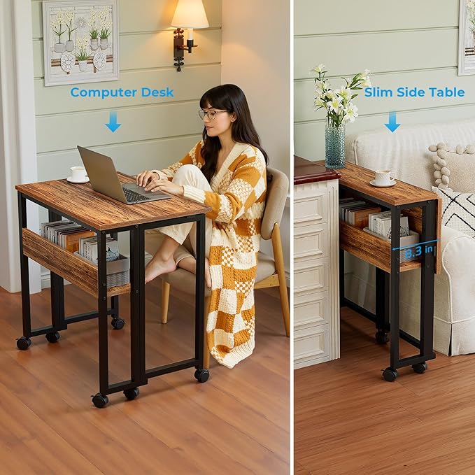 GreenForest Folding Desk Small Rolling Desk with Storage Shelf, 24.8 inch Foldable Computer Desk with Wheels for Small Space, Easy Assembly,Walnut