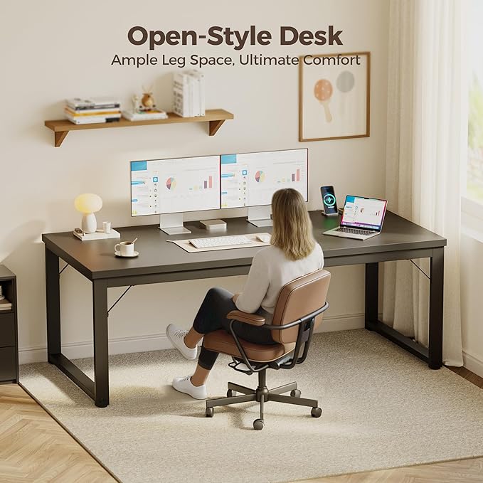 Mericonia 54 Inch Computer Desk with Power Outlets, 1.2" Thick Heavy Duty Industrial Office Desk, Modern Simple Study Writing Table for Home Office Bedroom Workstation, Black