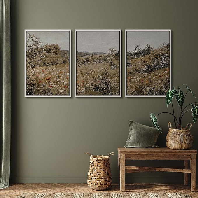 SIGNFORD Framed Wall Art Print Set Summer Wildflower Lush Floral Landscape Illustrations Modern Decorative Multicolor Relax/Calm Chic for Living Room, Bedroom, Office - 16"x24"x3 White