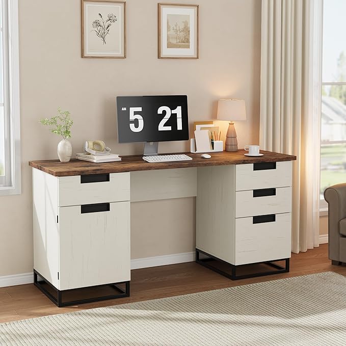 Garvee 59 in Farmhouse Executive Desk, Home Office Desk with File Drawer and Storage Cabinet, Wooden Computer Table with 3 Drawers for Work and Study ，White+Vintage/Black