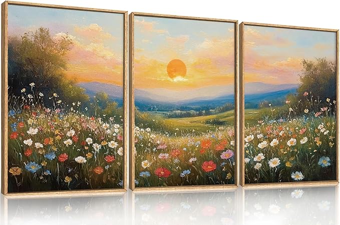 HOURIA Watercolor Spring Floral Meadow Landscape Framed Canvas Wall Art Set,Boho Vibrant Colorful Wildflower Decor,Modern Sunset Nature Inspired Scenery Artwork for Living Room,Bedroom,Farmhouse-16"x24"x3