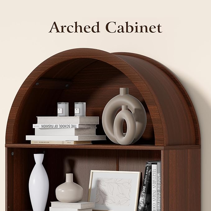 DHH 71" Tall Arched Bookshelf, 5 Tiers Arch Bookcase with Storage, Modern Farmhouse Book Shelf with Adjustable Shelves ＆Sliding Doors, Wood Display Cabinet for Living Room, Office(Walnut)
