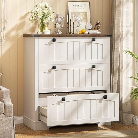 File Cabinet with 3 Drawers, Lateral File Cabinet for Letter/Legal/A4 Size Hanging Files, Large Wood File Storage Cabinets Printer Stand for Home Office, Rustic White