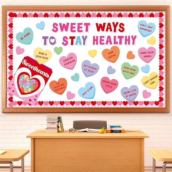 Valentine's Day Health Habit Bulletin Board Set Valentines Sweet Ways to Stay Healthy Classroom Decoration Sweet Love Heart Cutouts Heart Bulletin Board Border for School Home Wall Door Party Supplies
