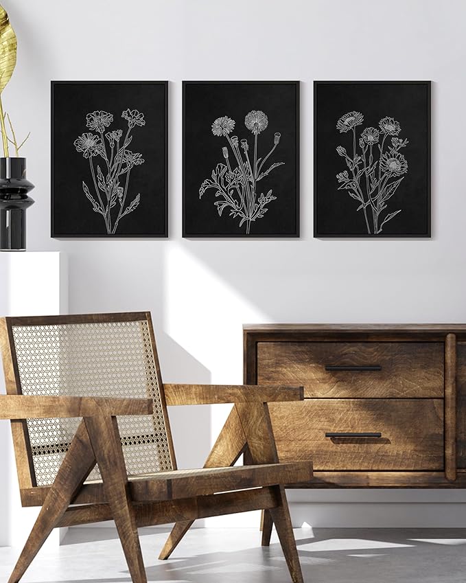 Drsoum Black White Flower Wall Art Vintage Minimalist Floral Wall Hanging Decor Bohemain Botanical Prints Artwork for Office Dining Room Hallway 11x14in Black Framed