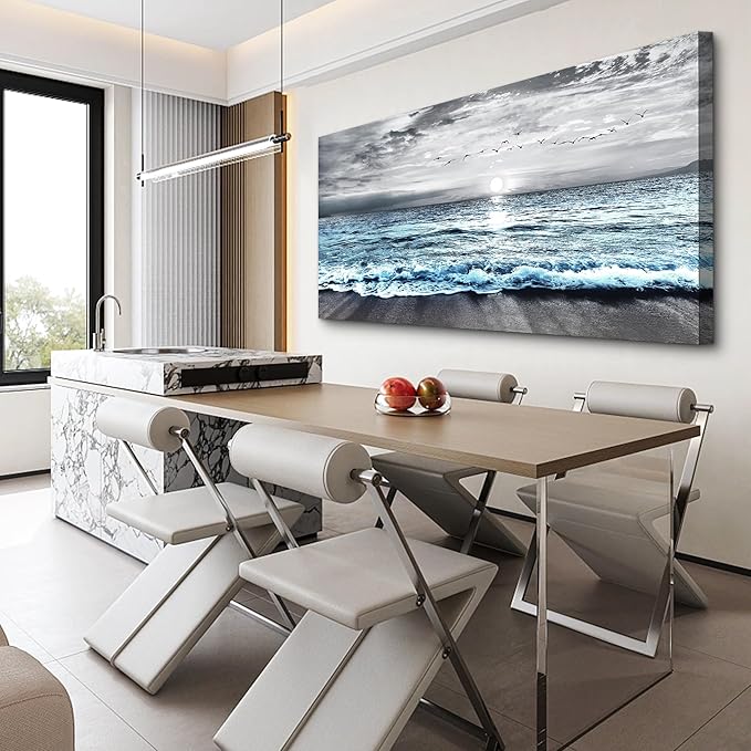 Lapremoly Large Canvas Wall Art - Black And White Beach Wall Painting, Blue Ocean Sea Wave Pictures, Stretched and Framed Modern Artwork For Living Room, Bedroom, Office Wall Decor
