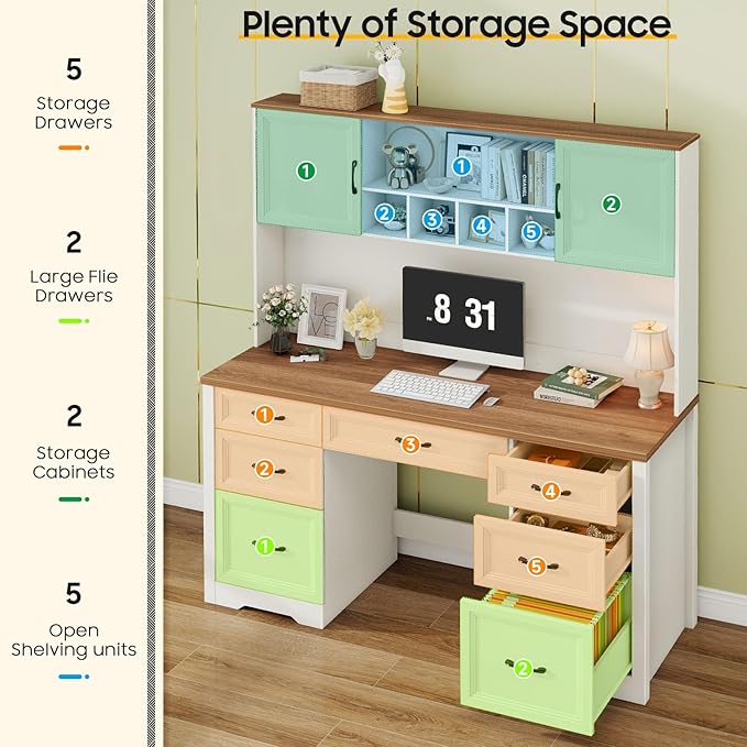 Farmhouse Executive Desk with 7 Drawers and Storage Cabinet, Rustic Large Home Writing Desk with Hutch, Workstation for Bedroom, White
