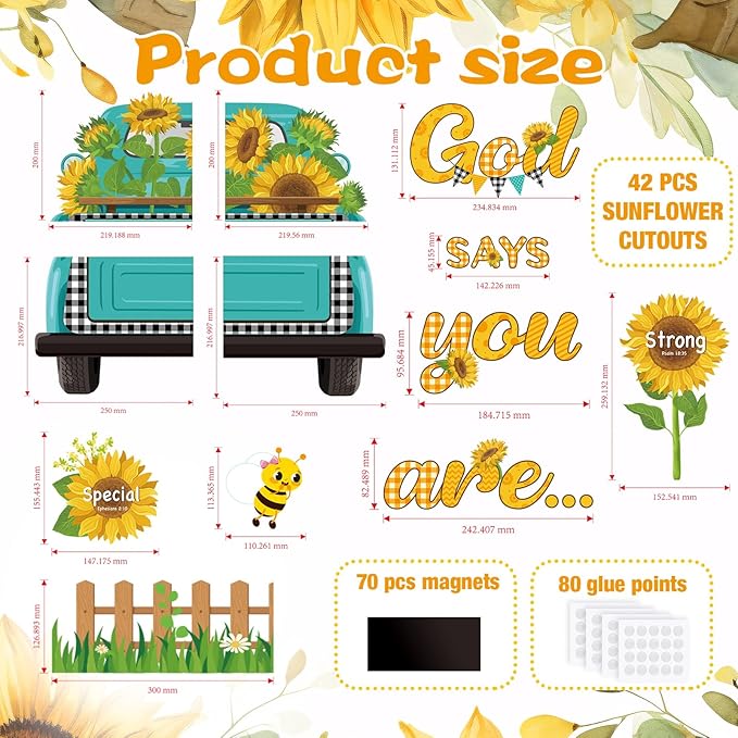 Religious Sunflower Bulletin Board Decorations Set Magnetic Bee Truck Cutouts God Says You are Bulletin Board Decor for Back to School Church Classroom Wall Decor