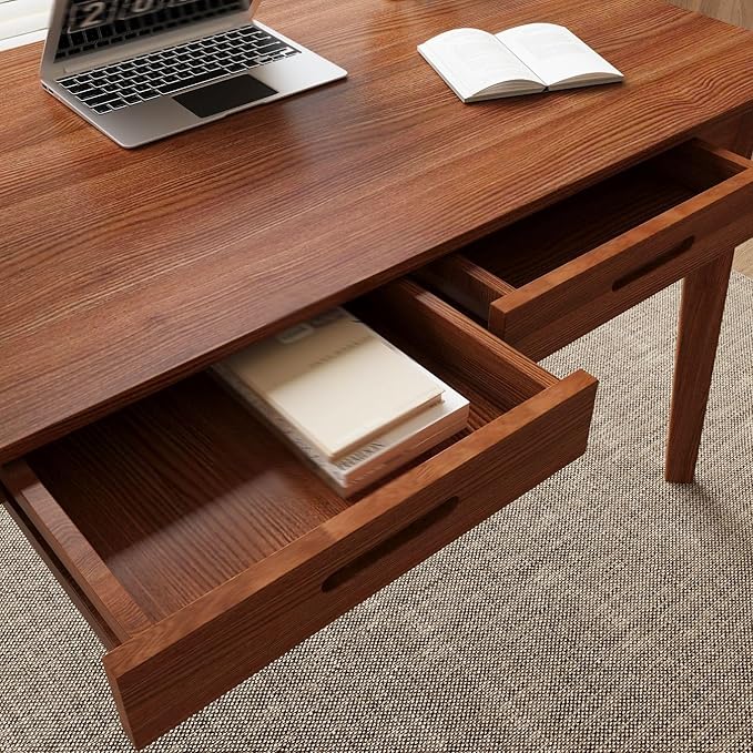47 Inch Compact Computer Gaming Desk, Study Work Office Desk with 2 Storage Drawers, Rectangular Study Reading Table, Simple Computer Writing Table for Home Office, Living Room,Walnut Color