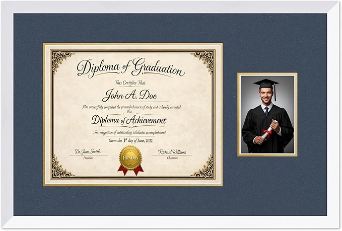 Diploma Frame With Photo Opening Bright White Navy Blue Over Gold Mat - Fits 15 x 12 Degree and Picture Made in the USA