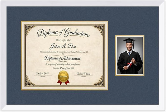 Diploma Frame With Photo Opening Bright White Navy Blue Over Gold Mat - Fits 15 x 12 Degree and Picture Made in the USA