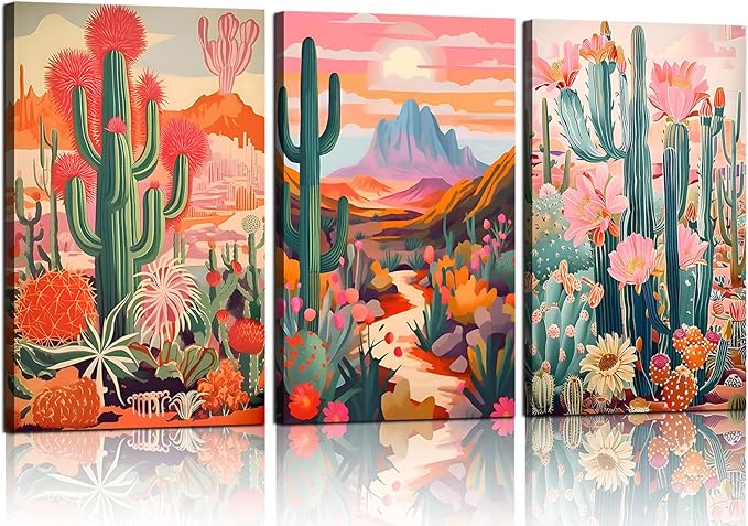 Framed Cactus Canvas Wall Art Green Pink Orange Plant Floral Wall decoration pictures Colorful Southwestern Rustic Painting Desert Landscape Poster Prints for Living Room Bathroom Bedroom 16inx24in