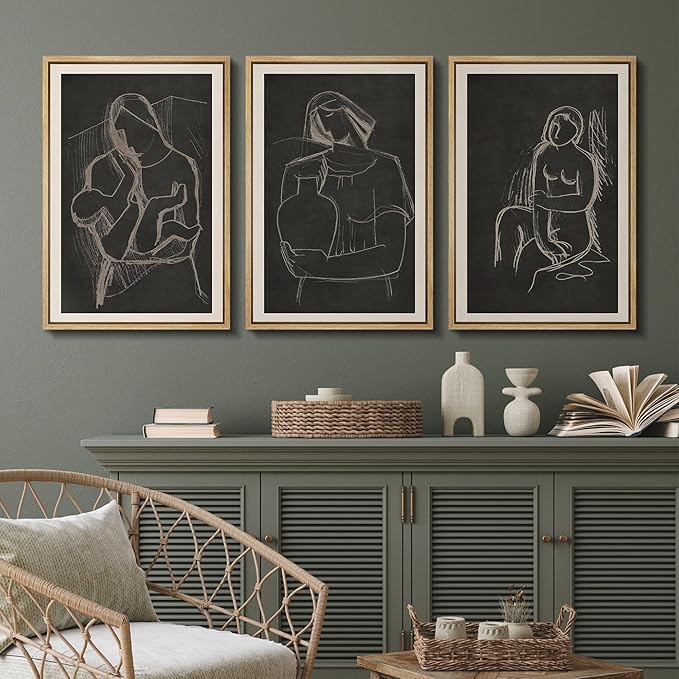 SIGNFORD Framed Wall Art Print Set Black Background Figurative Line Digital Art Modern Art Contemporary for Living Room, Bedroom, Office - 24"x36"x3 NATURAL