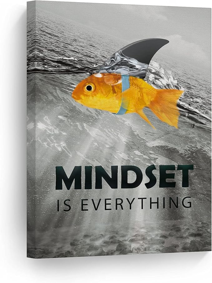 Smile Art Design Black and White Mindset is Everyting Orange Fish vs Shark Motivational Wall Art Canvas Print Inspirational Entrepreneur Quote Office Living Room Decor Gift Ready to Hang 17x11