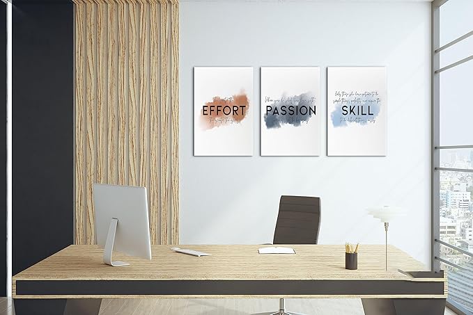 SHMAO Office Canvas Wall Art Motivational Wall Decor, 3 Piece Effort Passion Skill Print Pictures for Office Wall Decor Women Inspirational Framed Artwork Home Office Decor 12”x18”x3 Panels