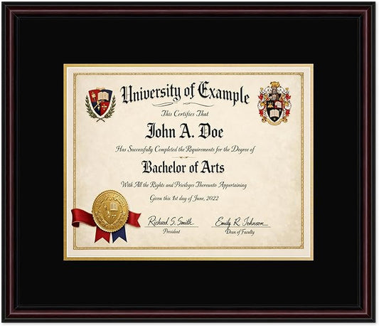 CountryArtHouse Diploma Frame Fits 14 x 11 College Diploma (Modern) - Keepsake Graduation Display Executive Brown Genuine Hardwood with Black Over Metallic Gold Double mat