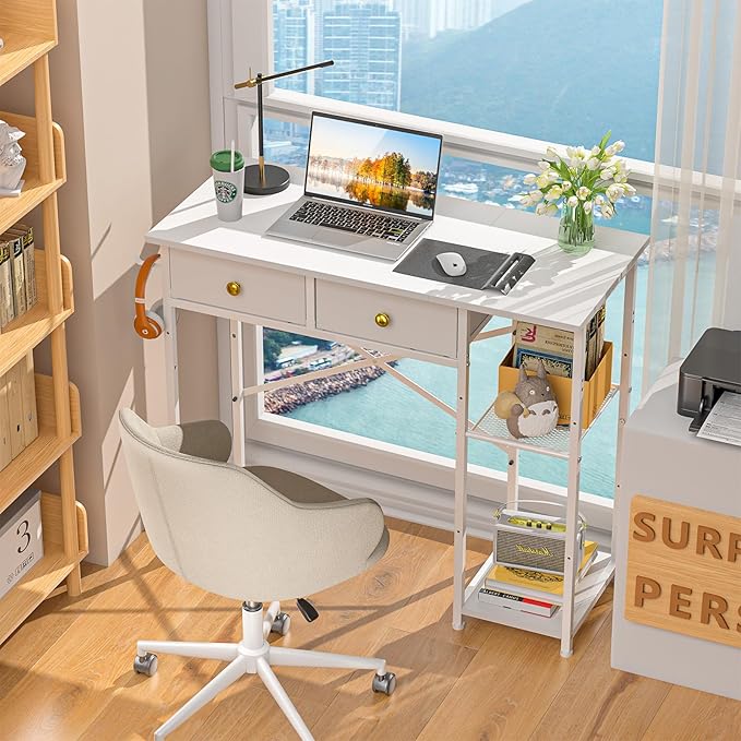 White Computer Desk, 36 Inch Small Desk with Drawers, Home Office Desk with Storage Shelves for Bedroom, Living Room, Dorm, Vanity Desk for Small Spaces, White