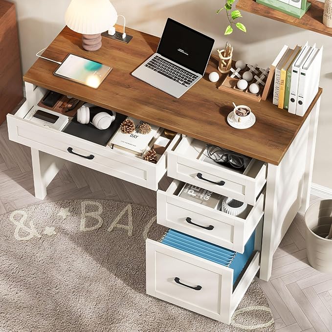 Vabches Farmhouse 47" Executive Desk, Computer Desk with File Drawer and Charging Station, Workstation for Home Office, Study,(Unique White).