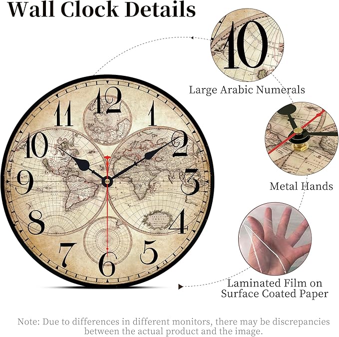 14 Inch Wooden Wall Clock Globe World Map Retro Vintage Rustic Wall Clocks Silent Non Ticking Clock Decorative for Kitchen Farmhouse Hotel