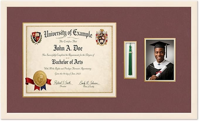 Diploma Tassel and Photo Shadowbox Fits 15 x 12 Military/Government with Tassel Ho Coastal Whitewash Genuine Hardwood with Dark Red Over Metallic Gold Double mat