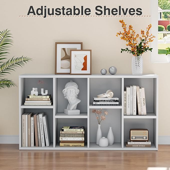 YESHOMY 8 Cube Storage Organizer, Open Frame 2-Tier Bookshelf, Organizer with Adjustable Shelves, Display Storage Bookcase for Living Room, Bedroom, Entrance Hall, Home Office, Modern White