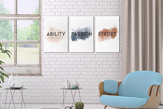 SHMAO Office Canvas Wall Art Motivational Wall Decor, 3 Piece Ability Passion Effort Print Pictures for Office Wall Decor Women Inspirational Framed Artwork Home Office Decor 12”x18”x3 Panels