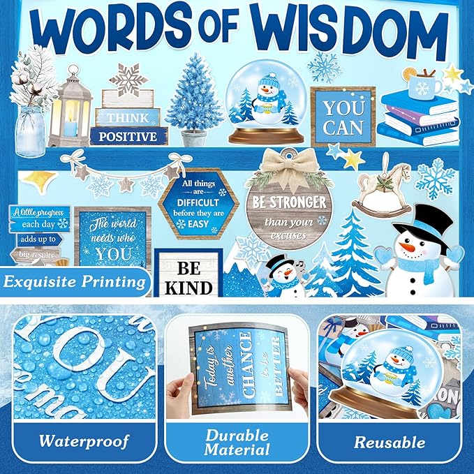 57 Pcs Winter Bulletin Board Set Inspirational Snowflake Bulletin Board Decoration Positive Cutout Classroom Decoration for School Office Home Teacher Classroom Wall Supplies