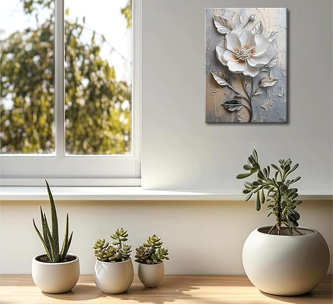 Elegant White Flower Canvas Wall Art Modern Abstract Floral Wall Decor Picture Blooming Flower Poster Print for Office Living Room Bedroom Bathroom Home Decoration 16x24in