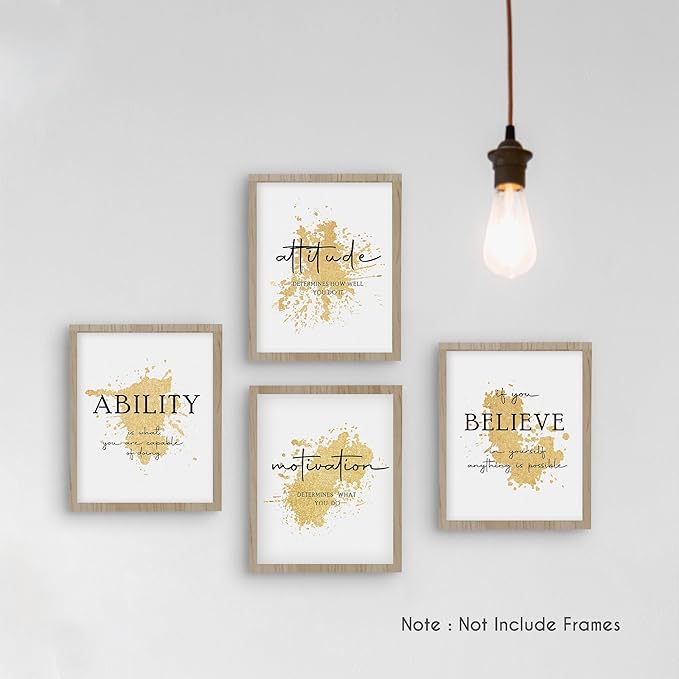 HRQKO Office Gold Inspirational Wall Art Poster Prints Set of 4, Motivational Wall Art, Modern Gold Artwork Prints Posters Wall Decor, Affirmations Prints for Office Women Men 8”x10” Unframed