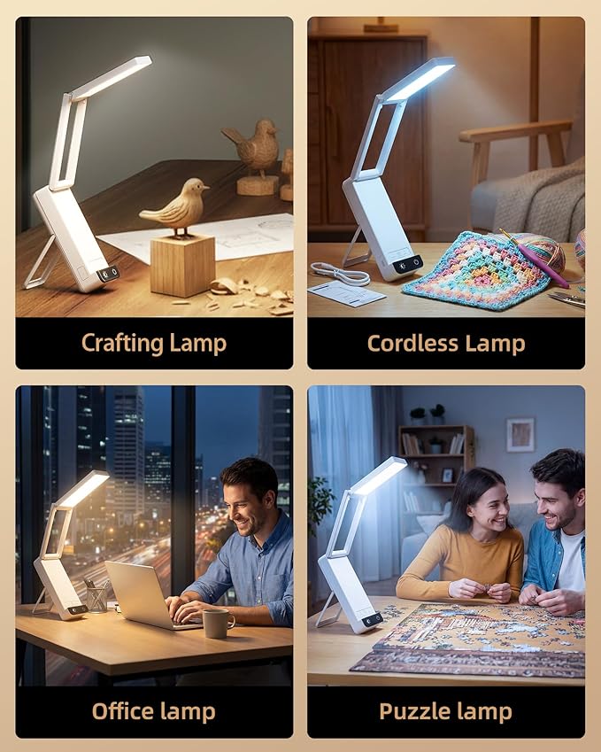 EZVALO Rechargeable Desk Lamp, 6000mAh Battery Wireless Light, Cordless Table Lamp for Book Reading, Foldable Mini Lamps & Portable, 3 Color Dimmable Small Light for Bed, Nail Light, Craft, White