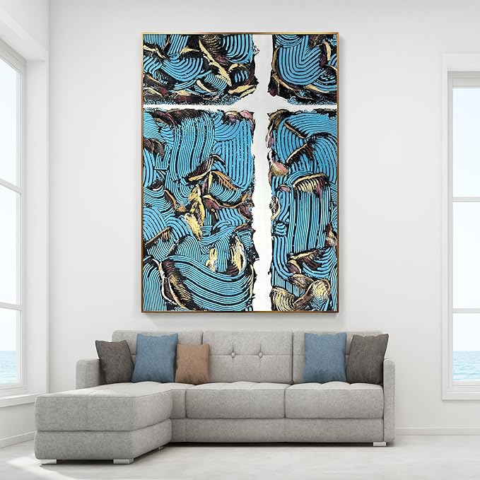 BrightA Blue Lines Large Abstract Canvas Wall Art Extra Large Abstract Wall Art Unique Wall Decor for Living Room Dining Room Hallway Wall Decor 59"x84.6"