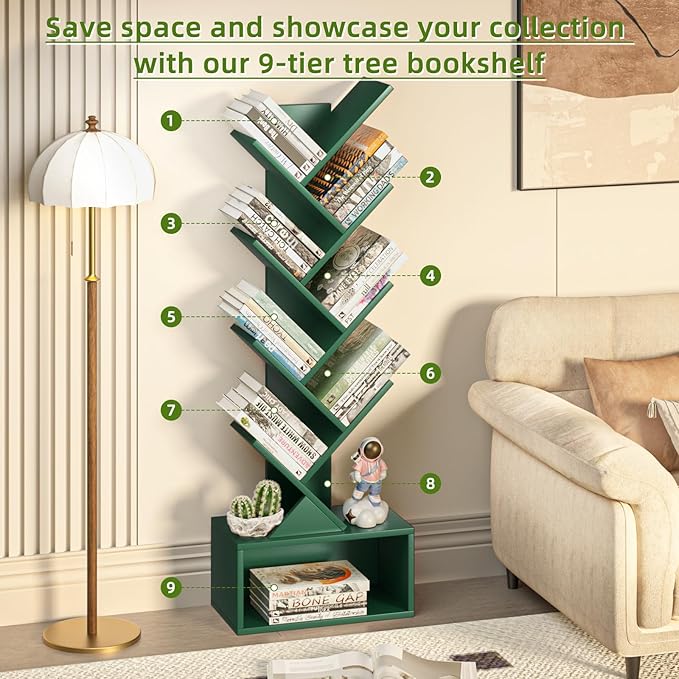 9 Tier Tree Bookshelf,Christmas Green Bookcase for Narrow Space, Storage Organizer Floor Standing Bookshelves for Books, Tall Book Case for Home Office, Living Room, Bedroom