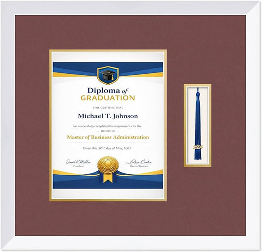 Diploma Frame with Tassel Holder Bright White Shadowbox Dark Red Over Gold Mat - Fits 8.5 x 11 Degree Made in the USA