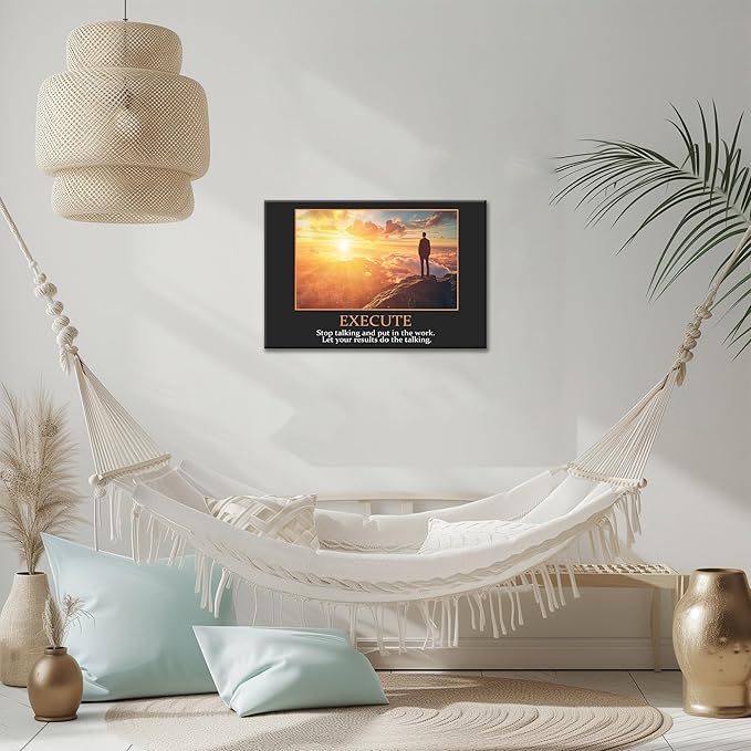 UZMKM - Inspirational Canvas Wall Art, EXECUTE Mindset Quotes Picture Prints, Success Framed Company Watching Sunrise Poster, Positive Quotes Wall Painting for Home Office Workplace 24x36 Inch