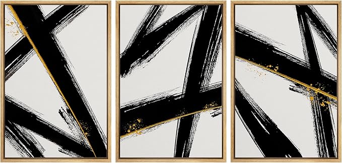 IDEA4WALL Framed Canvas Print Wall Art Set Black Gold Geometric Graffiti Paint Stripes Abstract Shapes Illustrations Modern Art Contemporary for Living Room, Bedroom, Office - 24"x36"x3 Natural