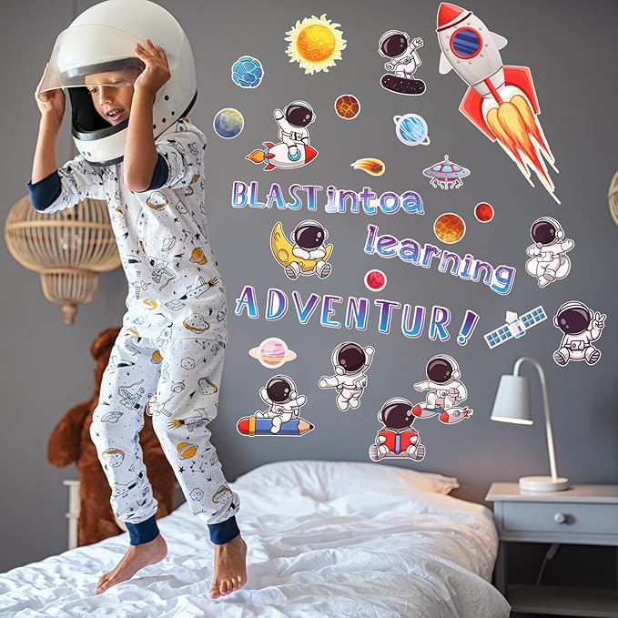 Pajean Space Bulletin Board Outer Space Classroom Decorations Blast into a Learning Adventure Cutouts for Back to School First Day Window Door Wall Elementary Preschool Teacher Supplies